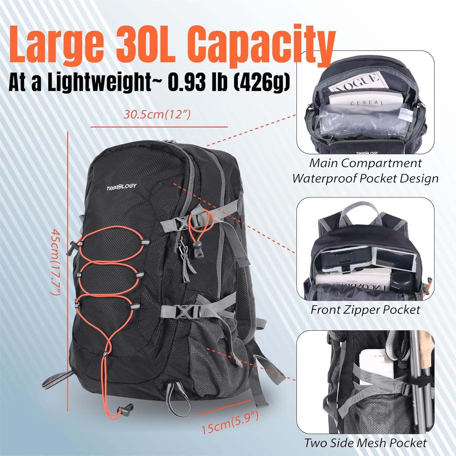imageTREKOLOGY 30L Waterproof Lightweight Backpack  Foldable Durable Daypack for Men ampamp Women with Chest Strap ampamp Multiple Compartments  Compact Comfortable Ideal for Hiking Camping Travel ampamp Outdoors