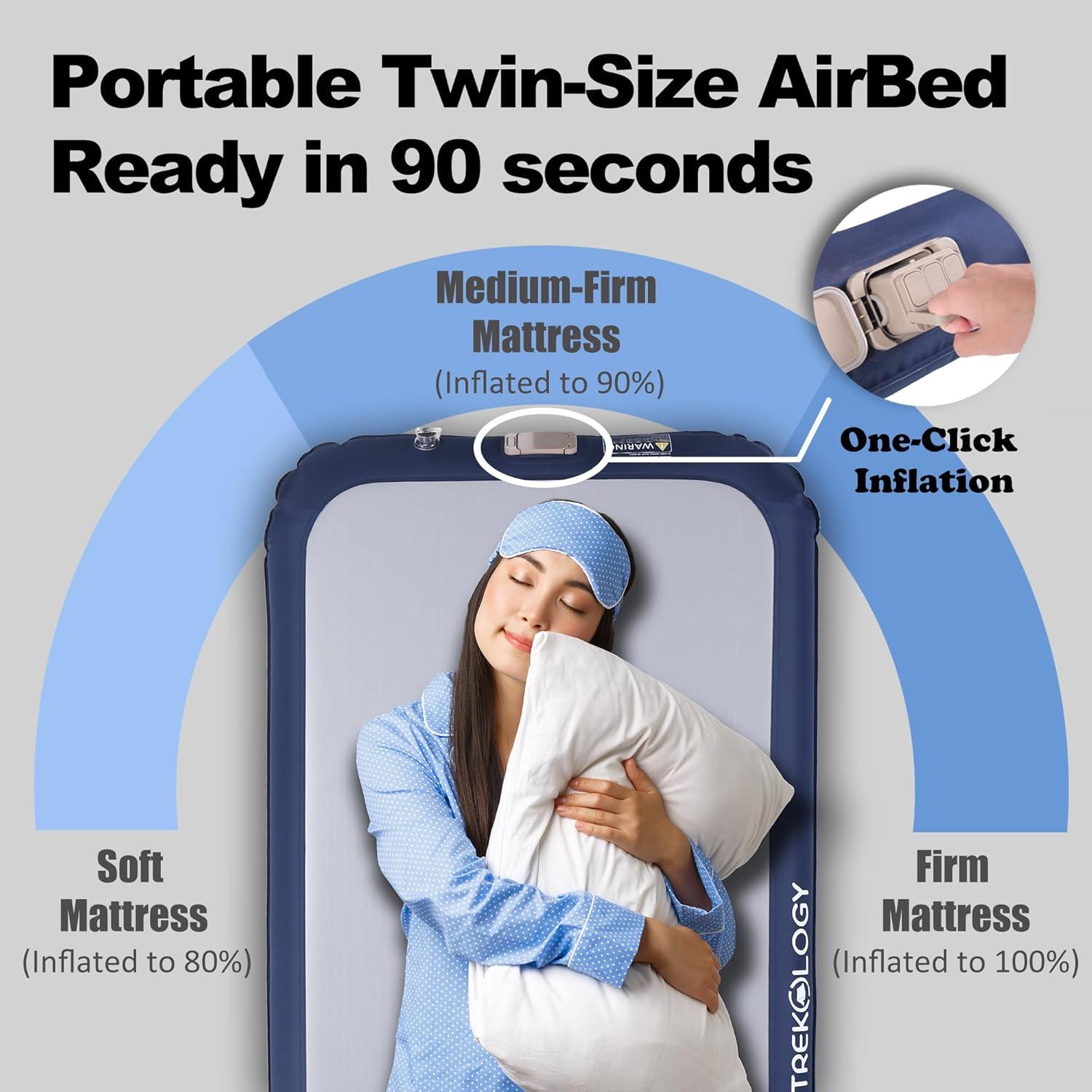 imageTREKOLOGY Twin Size Air Mattress with Builtin Pump  Quick Inflate Camping Air Bed for Adults ampamp Guests  Durable Blow Up Bed with Electric Pump  Compact LeakProof Inflatable Mattress