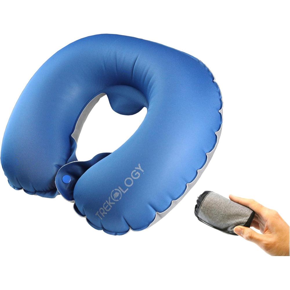 imageTREKOLOGY Inflatable Neck Pillow for Travel  Ultimate Comfort and Support for Airplanes Cars and More  Ergonomic Design for Restful Sleep and Neck Relief  Essential Travel AccessoryNavy Blue