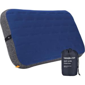 TREKOLOGY Camping Pillow – Large Inflatable (24″x15″) for Home-Like Comfort, Portable & Ergonomic, Easy to Clean, Durable & Leak-Proof, Removable Strap for Secure Fit – ALUFT Ultra (Grey)(Blue)
