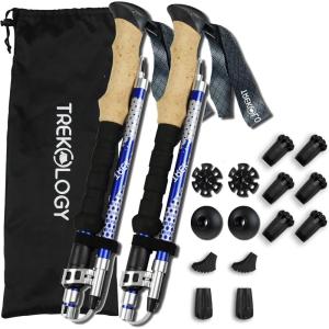 TREKOLOGY Trek-Z Collapsible Hiking & Trekking Poles -100cm-120cm (Blue) Adjustable Length – Bundle with 6 pcs of Rubber Pole Tip – Perfect Set for Hikers, Backpacker – Walking Stick for Camping