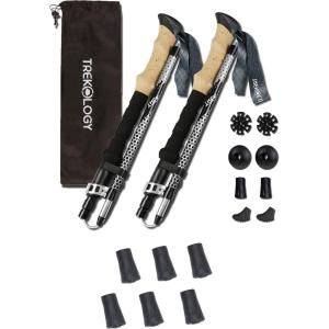 TREKOLOGY Trek-Z (Black 100-120cm) Trekking Hiking Poles / 6 pc Replacement Rubber Tips – Collapsible Folding Walking Sticks,Adjustable Quick Flip-Lock, Foldable Trekking Poles for Hiking.