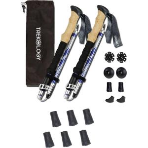 TREKOLOGY Trek-Z (Blue 100-120cm) Trekking Hiking Poles / 6 pc Replacement Rubber Tips – Collapsible Folding Walking Sticks,Adjustable Quick Flip-Lock, Foldable Trekking Poles for Hiking.