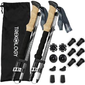 TREKOLOGY Trek-Z Collapsible Hiking & Trekking Poles -100cm-120cm (Black) Adjustable Length – Bundle with 6 pcs of Rubber Pole Tip – Perfect Set for Hikers, Backpacker – Walking Stick for Camping