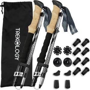 TREKOLOGY Trek-Z Collapsible Hiking & Trekking Poles -100cm-120cm (Black) Adjustable Length – Bundle with 8 pcs of Rubber Pole Tip – Perfect Set for Hikers, Backpacker – Walking Stick for Camping