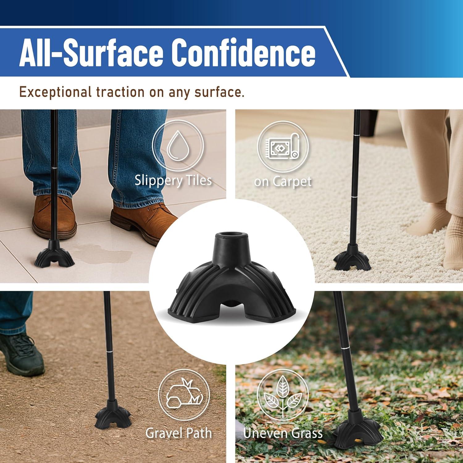 imageTREKOLOGY Walking Cane Tip  Self Standing Quad Base Replacement for Most Walking Canes Walking Sticks Folding Canes or Offset Quad Pod or Tripod Canes