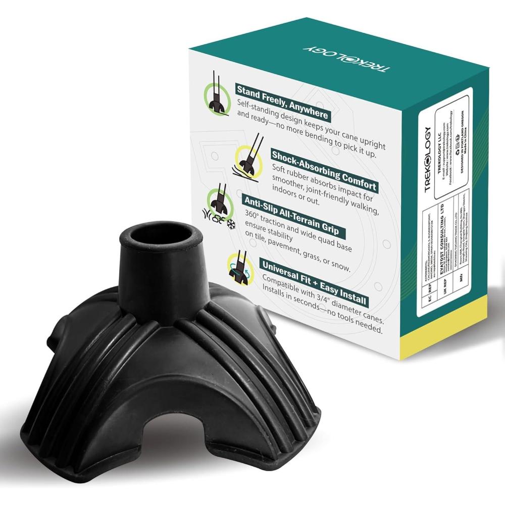 imageTREKOLOGY Walking Cane Tip  Self Standing Quad Base Replacement for Most Walking Canes Walking Sticks Folding Canes or Offset Quad Pod or Tripod Canes