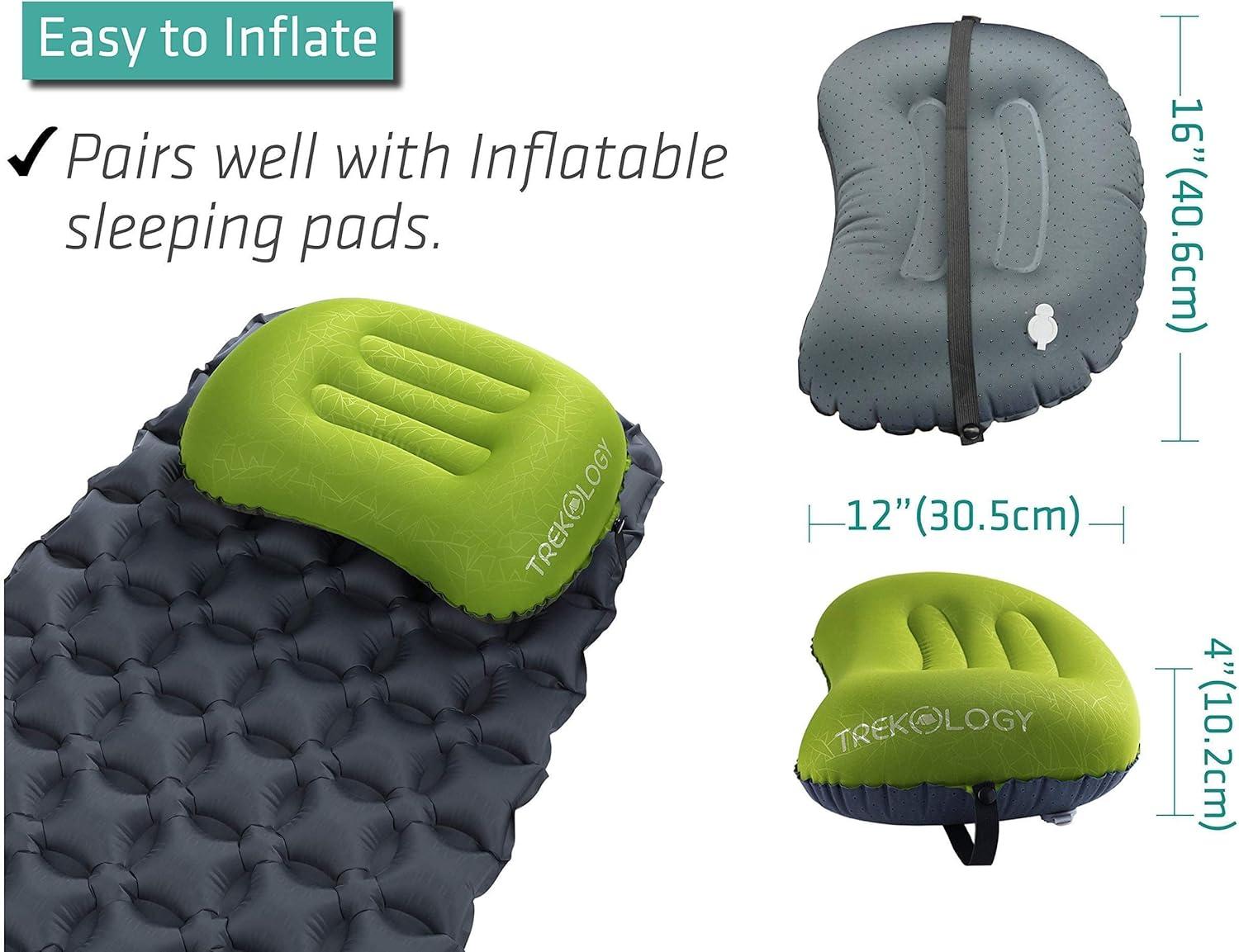 imageTREKOLOGY ALUFT2Green Inflatable Pillow for Camping Deluxe Camping Pillows for Backpacking Pillows Ultralight Inflatable Travel Pillow Blow Up Pillows Pad Attachment Strap for Camp Mat