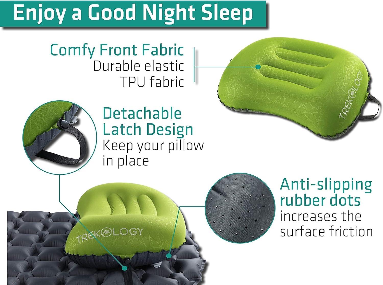 imageTREKOLOGY ALUFT2Green Inflatable Pillow for Camping Deluxe Camping Pillows for Backpacking Pillows Ultralight Inflatable Travel Pillow Blow Up Pillows Pad Attachment Strap for Camp Mat