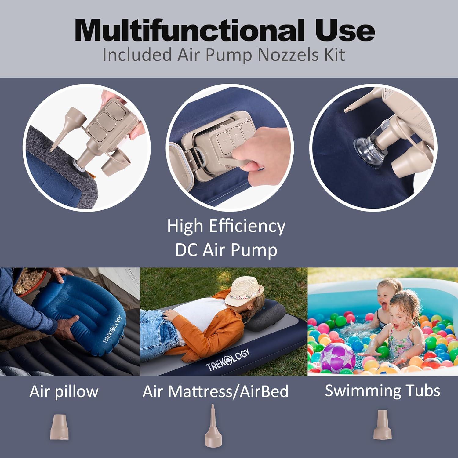 imageTREKOLOGY Electric Air Pump for Air Mattress HighEfficiency Portable Pump with 3 Nozzles for Inflatables Pool Floats Pillows Swimming Tubs Fast Inflate ampamp Deflate DC Pump