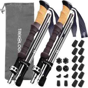 TREKOLOGY TREKZ Cork Trekking Poles Set with 12pc Rubber Tips – Collapsible Nordic Hiking Poles with Cork Handle – Ultralight Folding Sticks for All, Replacement Tips Included