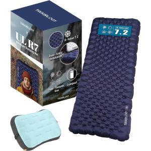 TREKOLOGY UL R7 Camping Sleeping Pad & Inflatable Beach Pillow Bundle – Lightweight, Compact, Waterproof Sleeping Pad with Ergonomic Inflatable Pillow for Camping, Hiking, Beach, and Outdoor Adventure