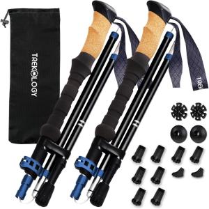 TREKOLOGY Trek-Z Cork Grip Trekking Poles Bundle with 6 Rubber Tip Replacements – Lightweight Folding Hiking Poles, Adjustable Height, Premium Aluminum Walking Sticks for Men & Women